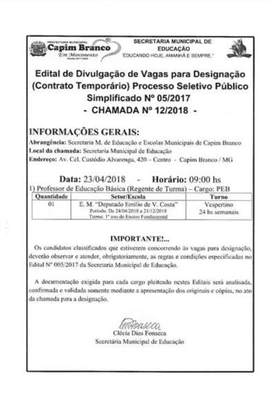 Edital de vagas para designação: Chamada 12/2018