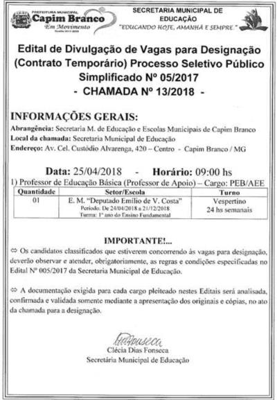 Edital de vagas para designação: Chamada 13/2018