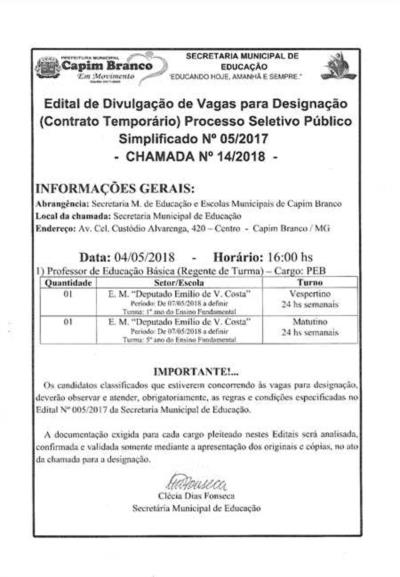 Edital de vagas para designação: Chamada 14/2018