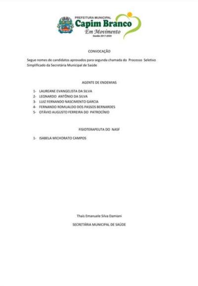 Secretaria Municipal de Saúde: Candidatos aprovados na 2ª chamada