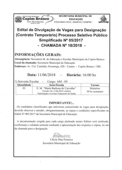 Edital de vagas para designação: Chamada 18/2018