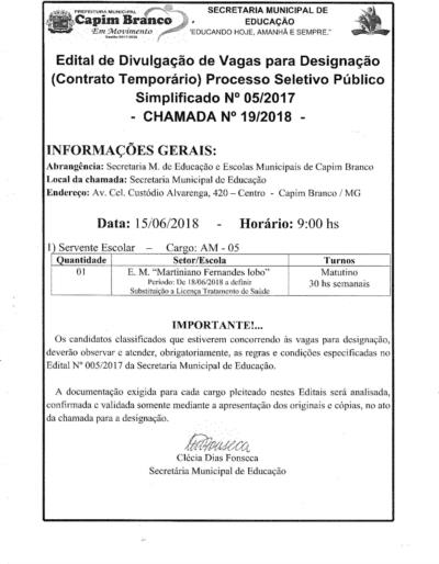 Edital de vagas para designação: Chamada 19/2018
