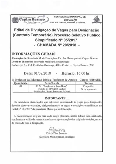 Edital de vagas para designação: Chamada 20/2018