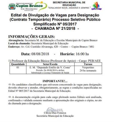 Edital de vagas para designação: Chamada 21/2018