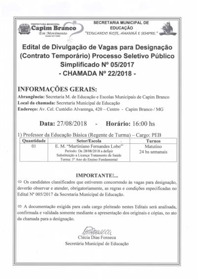 Edital de vagas para designação: Chamada 22/2018
