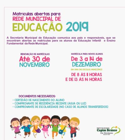 Matrículas abertas para Rede Municipal de Educação