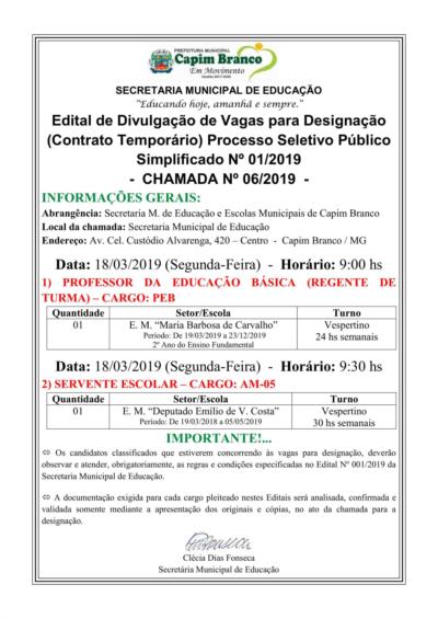 Edital Processo Seletivo nº 1/2019: Chamada nº 6/2019