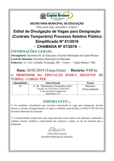 Edital Processo Seletivo nº 001/2019