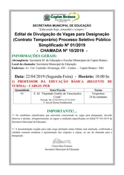 Processo Seletivo nº 001/2019