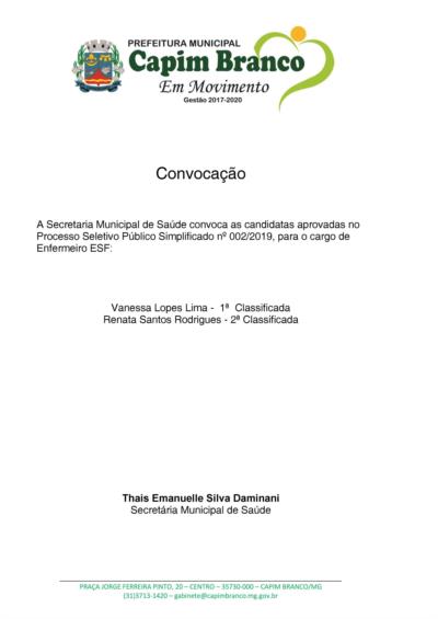 Processo Seletivo Público Simplificado nº002/2019
