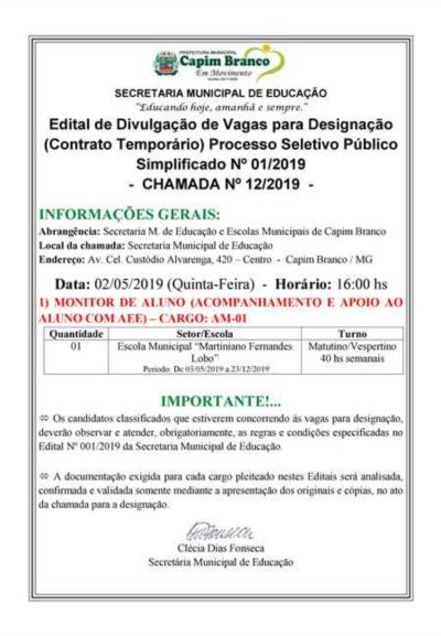 Processo Seletivo Público Simplificado nº001/2019