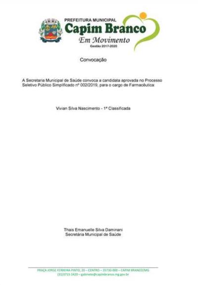  Processo Seletivo Público Simplificado nº 002/2019 