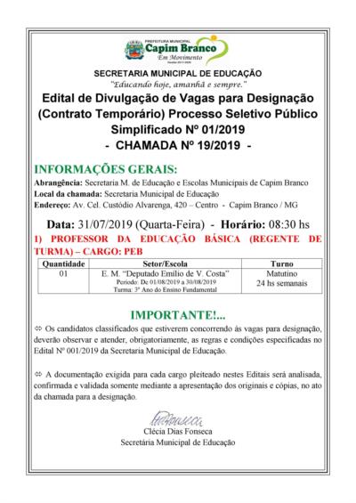 Processo Seletivo Público Simplificado nº001/2019