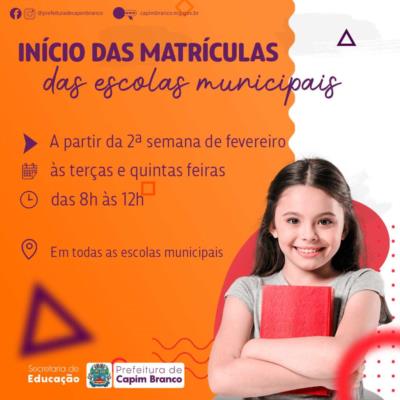 Matrículas nas escolas municipais começam em fevereiro 