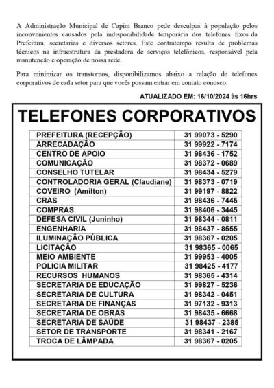 PREFEITURA DISPONIBILIZA NOVOS NÚMEROS DE CONTATO